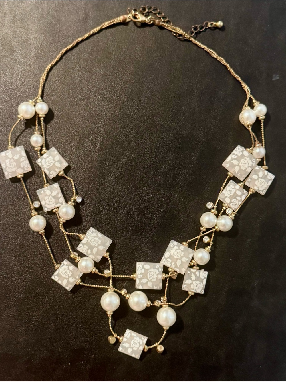 Elegant Gold-Tone Multi-Strand Necklace with White Squares and Pearl-like Beads